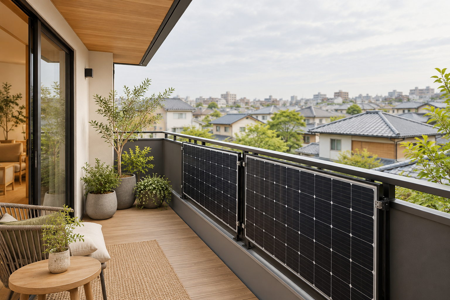 Concept of solar modules on a contemporary Japanese residential balcony